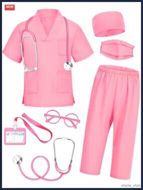 Kids Doctor Scrubs Costume 7 Pc Set with Real Stethoscope Accessories Ages 3-11